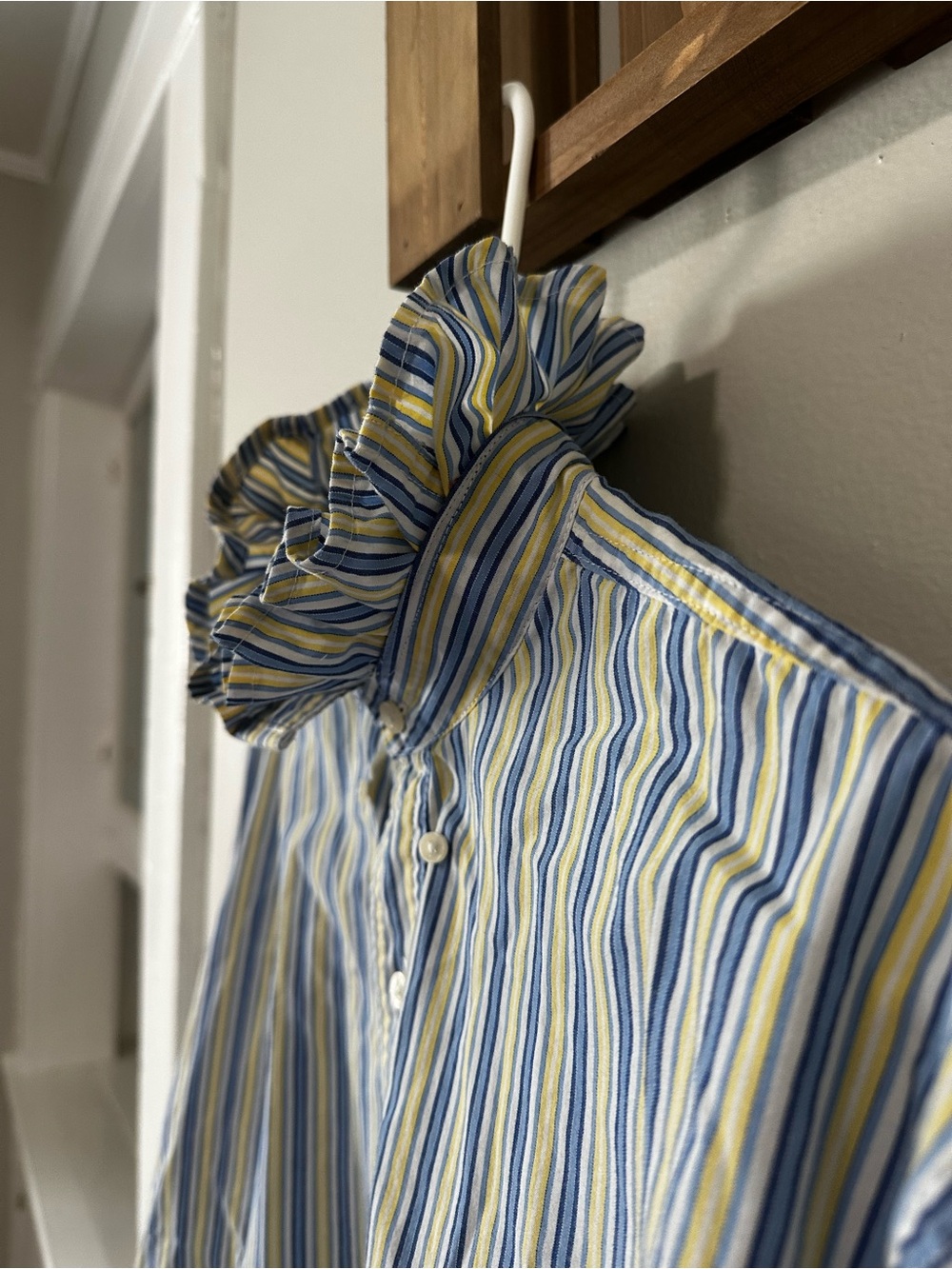 Chaps Blue, Yellow and White Striped Women's Button-Down with Ruffle Collar